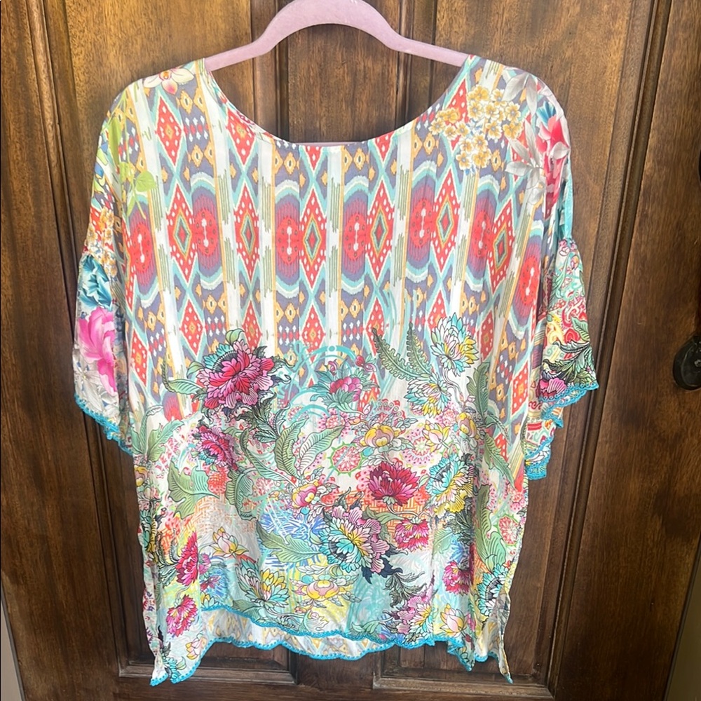Johnny Was Pink and Blue Boxy Blouse with Rounded Neckline